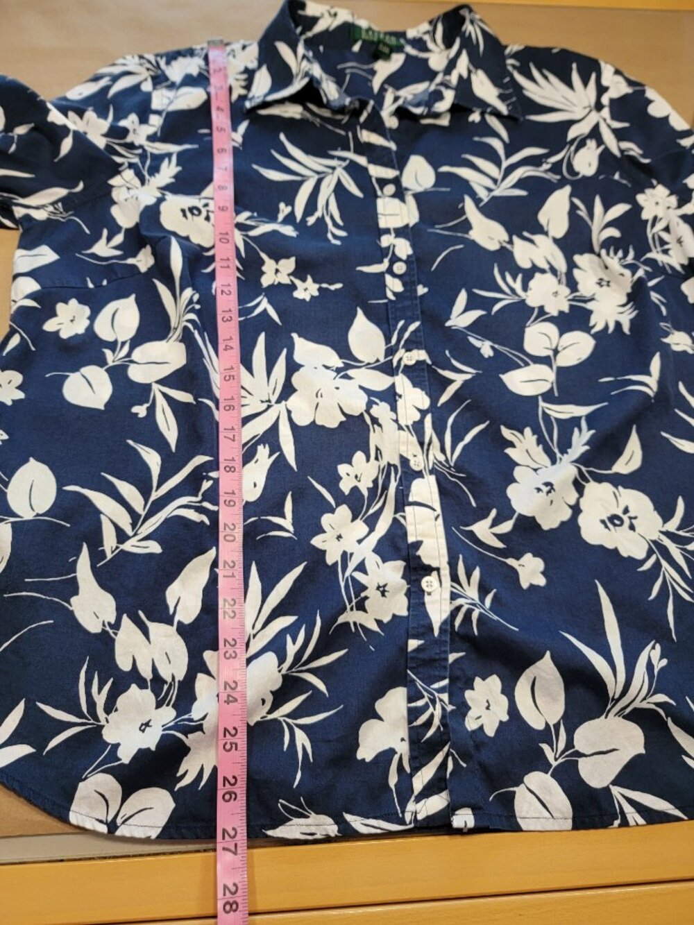 Lauren Ralph Lauren Size 2X Navy Blue w/ White Floral Button Down Shirt - Picture 7 of 11